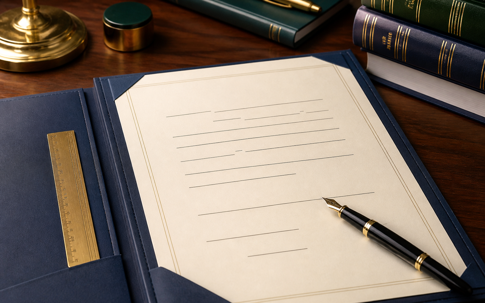 Agreement, fountain pen and organized legal documents