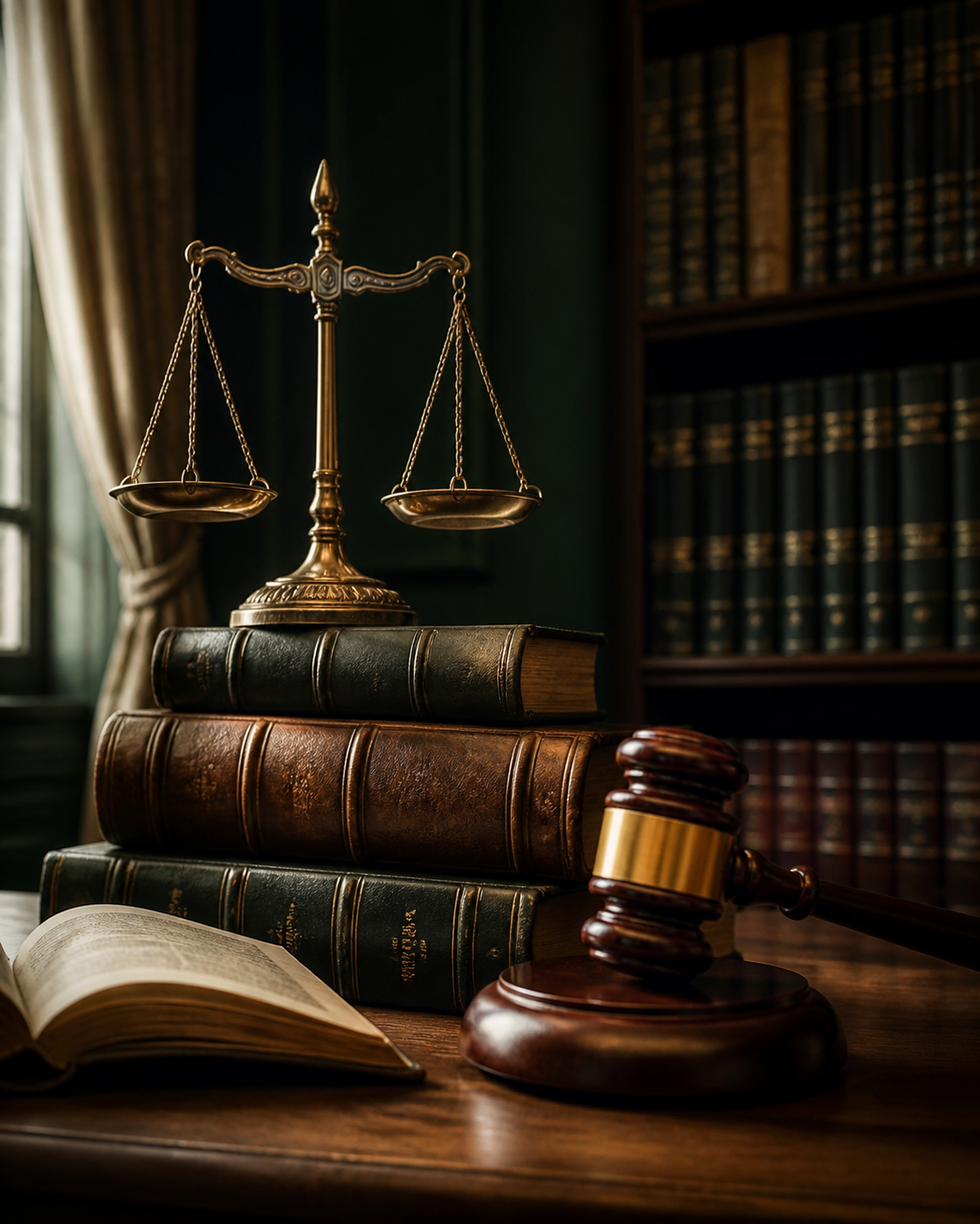 Scales of justice, legal books and gavel in a private law library