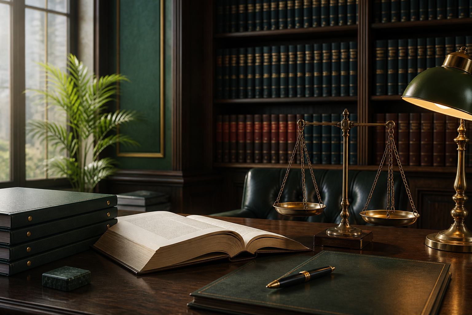Open legal book, scales and case files in a refined legal study