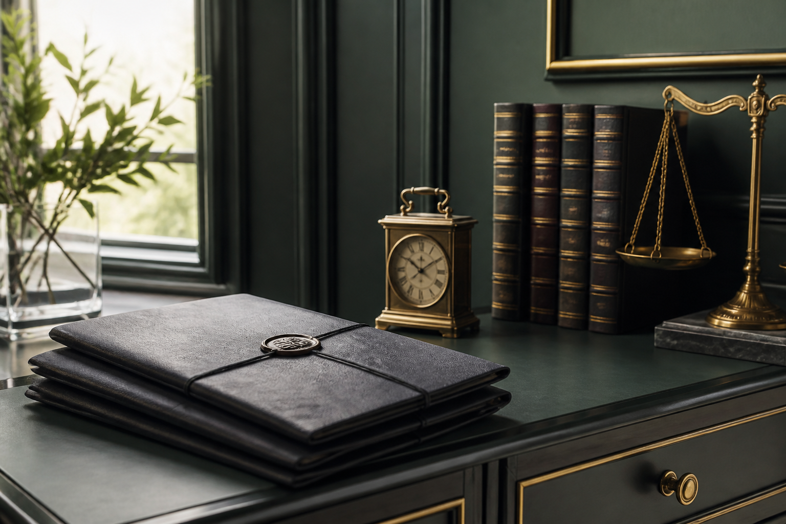Sealed case files, legal books and scales in a private office