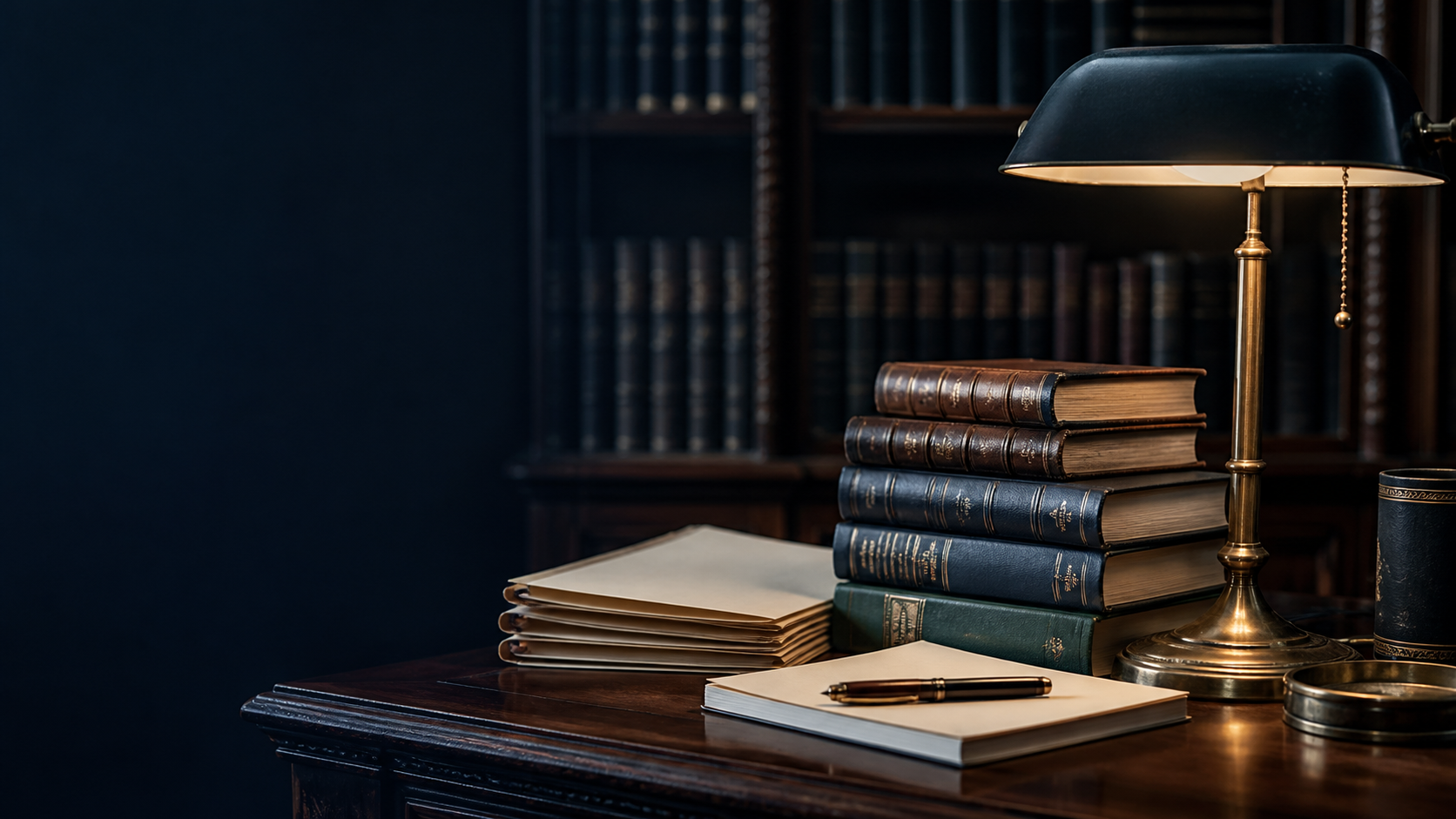 Legal books and case files in a private study