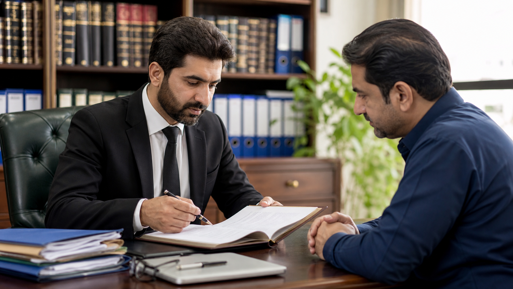 Pakistani advocate reviewing a civil dispute with a client