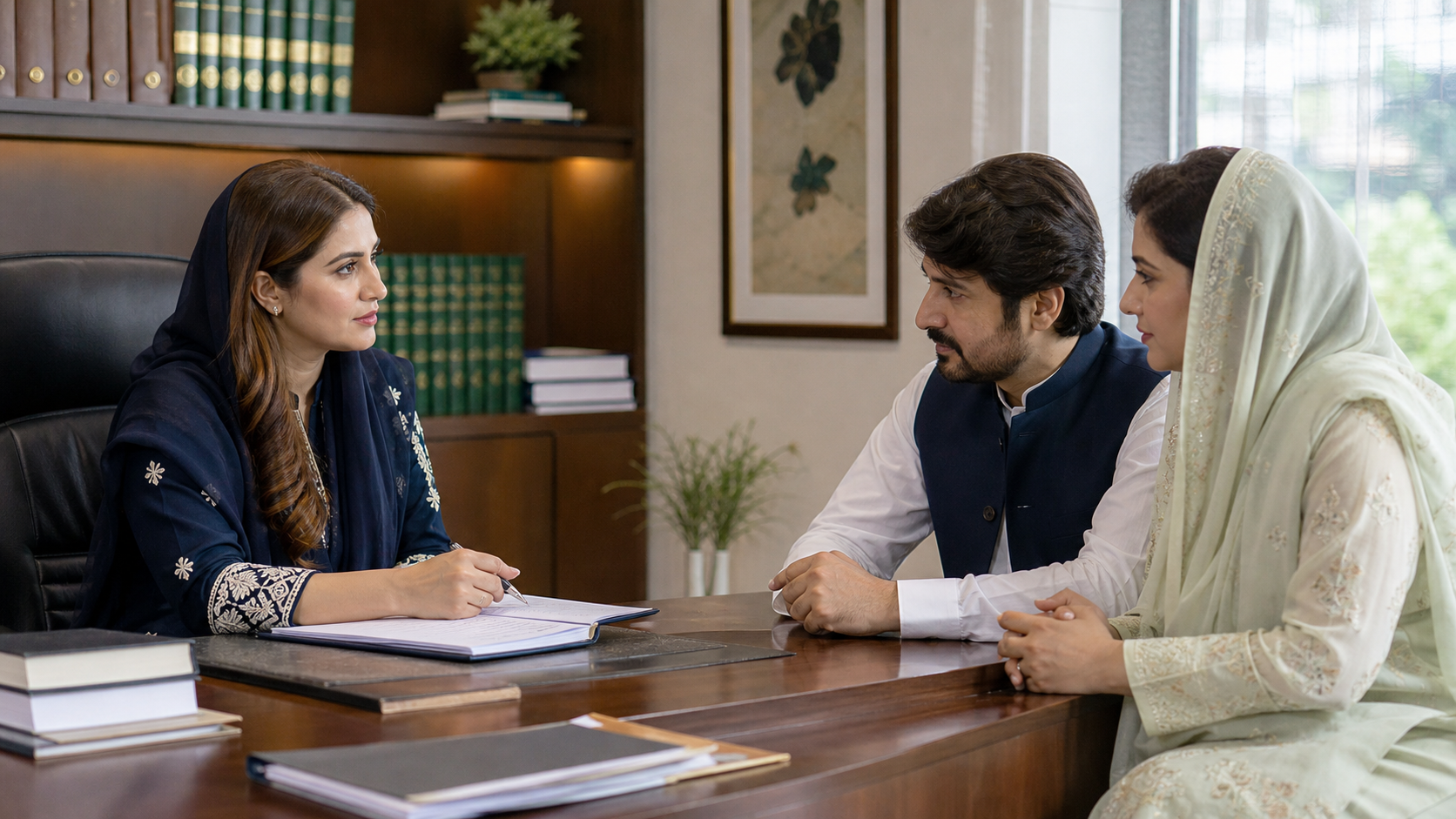 Pakistani family meeting with a female lawyer