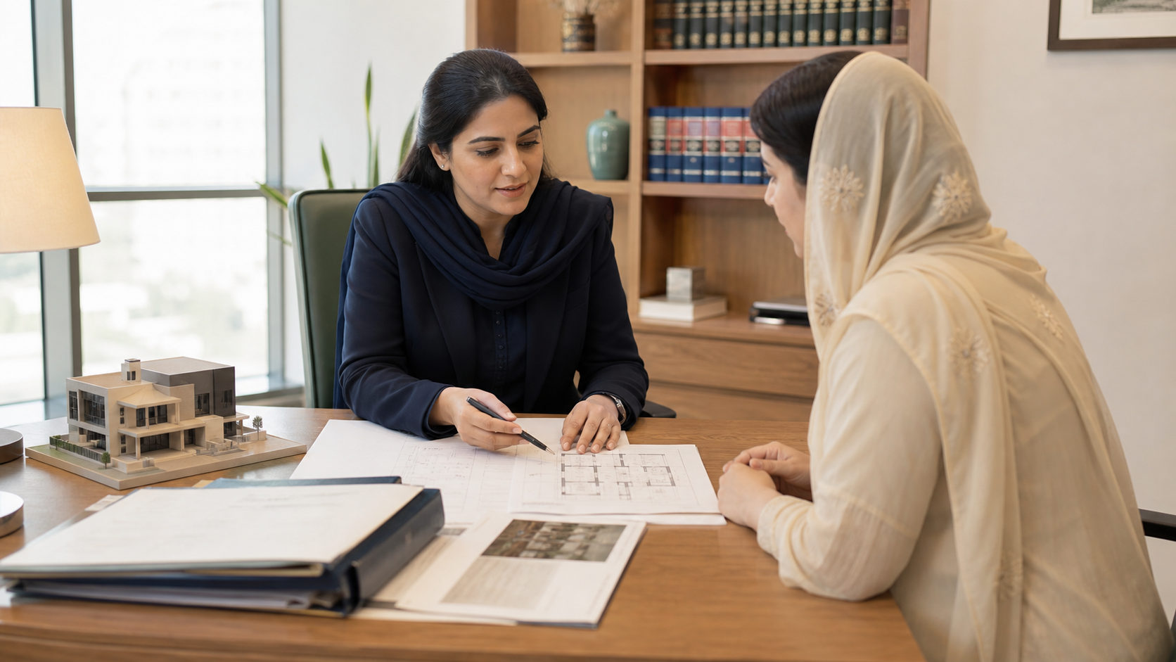 Pakistani property lawyer explaining documents to a client
