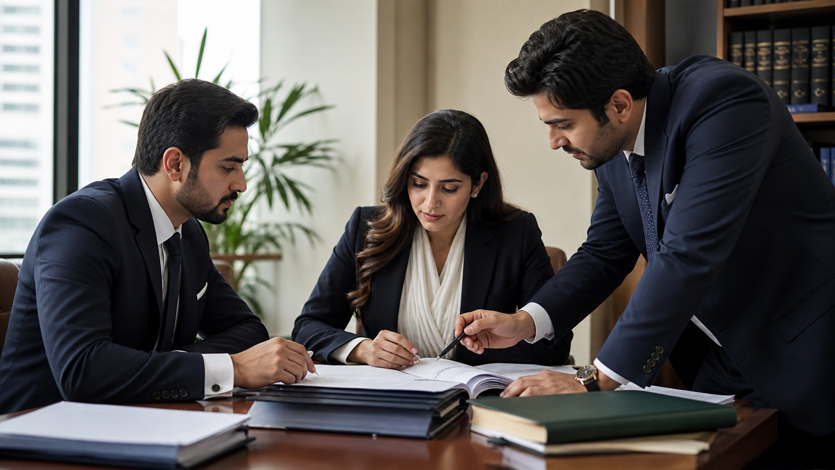 Team of Pakistani lawyers collaborating on a complex case